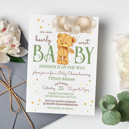 Invitation Teddy ours bearly attends vert brun baby shower