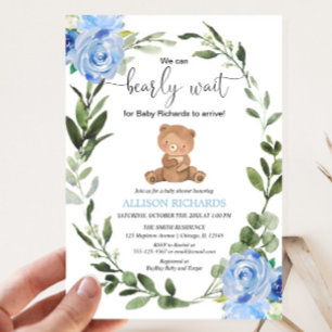 Invitation Teddy Ours bleu verdure baby shower garçon fleuri