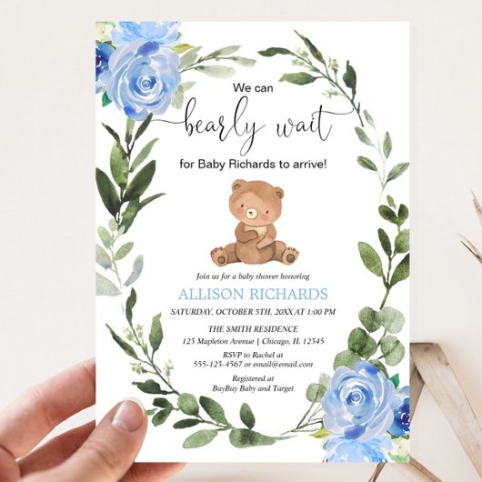 Invitation Teddy Ours bleu verdure baby shower garçon fleuri