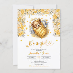 Invitation Teddy ours dormir jaune fleur fille baby shower