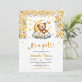 Invitation Teddy ours dormir jaune fleur fille baby shower (Debout devant)