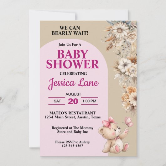 Invitation Teddy Ours Joli Fleurs Rustiques Baby shower fille (Devant)