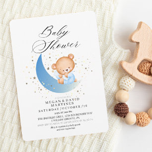 Invitation Teddy ours lune étoile or Baby shower