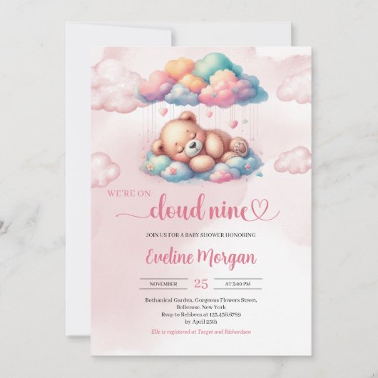 Invitation Teddy ours on est sur le baby shower de neuf fille (Devant)