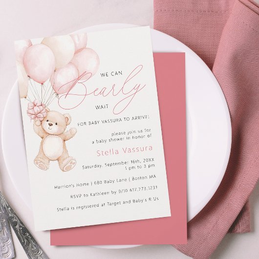Invitation Teddy Ours rose Ballons Baby shower fille