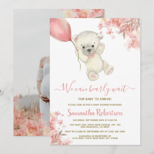 Invitation Teddy Ours rose Balloon fille Baby shower photo