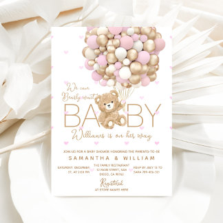 Invitation Teddy Ours Rose Coeur & Balloon Baby Girl Douche
