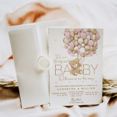 Invitation Teddy Ours Rose Coeur & Balloon Baby Girl Douche