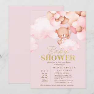 Invitation Teddy Ours rose et or Baby Girl Douche