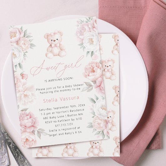 Invitation Teddy Ours rose Fleurs Baby shower fille