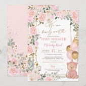 Invitation Teddy Ours rose Floral Balloons Fille Baby shower (Devant / Derrière)