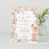 Invitation Teddy Ours rose Floral Balloons Fille Baby shower (Debout devant)