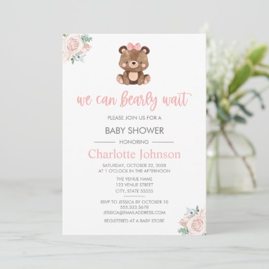 Invitation Teddy Ours rose Floral Fille Baby shower (Debout devant)