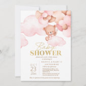 Invitation Teddy Ours rose Or bébé fille Douche (Devant)