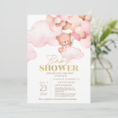 Invitation Teddy Ours rose Or bébé fille Douche (Debout devant)