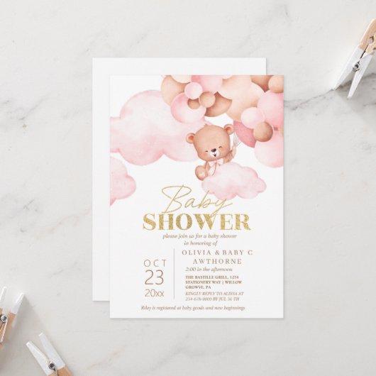 Invitation Teddy Ours rose Or bébé fille Douche (Devant/Arrière en situation)