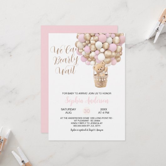Invitation Teddy Ours Rose Tan Balloons Fille Baby shower (Devant/Arrière en situation)