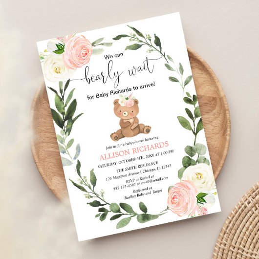 Invitation Teddy Ours rose verdure baby shower fille fleurie