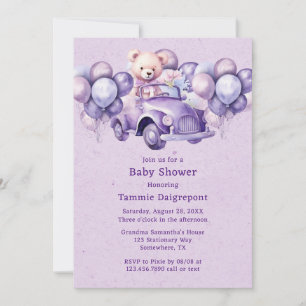 Invitation Teddy Ours Violet Ballons Voiture Baby shower fill