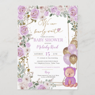 Invitation Teddy Ours Violet Floral Balloons Fille Baby showe