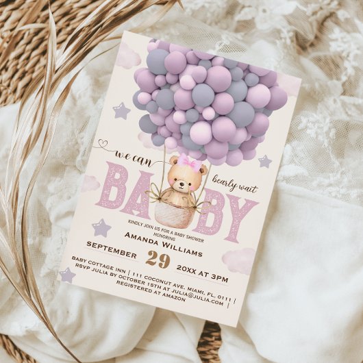 Invitation Teddy Ours Violet rose bébé fille Douche
