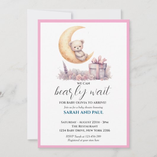 Invitation Teddy Pink Bear We Can Bearly Wait (Devant)