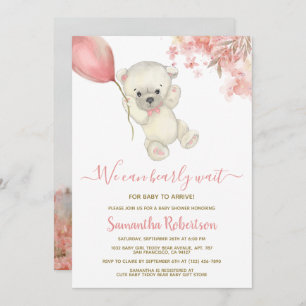 Invitation Teddy Polar Ours rose Balloon Baby shower fille