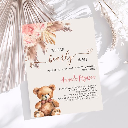 Invitation Teden ours rose pampa herbe fille baby shower