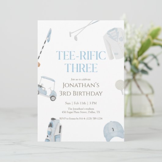 Invitation Tee-Rific Trois Golfe Anniversaire Bleu Prépa (Debout devant)