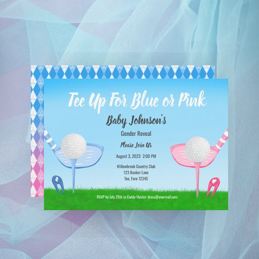 Invitation Tee Up Blue ou Rose Golf Baby shower de révélation