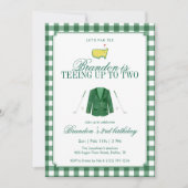 Invitation Teeing Up To Two Golf 2nd Birthday Green Gingham (Devant)