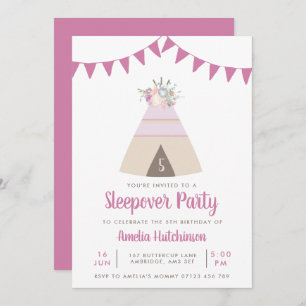 Invitation Teepee Fête de bois Filles Floral violet Anniversa