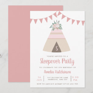 Invitation Teepee Fête de bois Filles rose Floral Anniversair