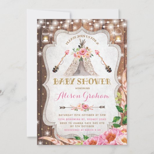 Invitation Teepee floral de Boho d'invitation tribale de baby (Devant)