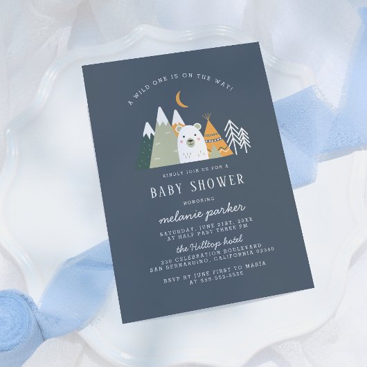 Invitation Teepee & Mountains Wild One Bear Baby shower