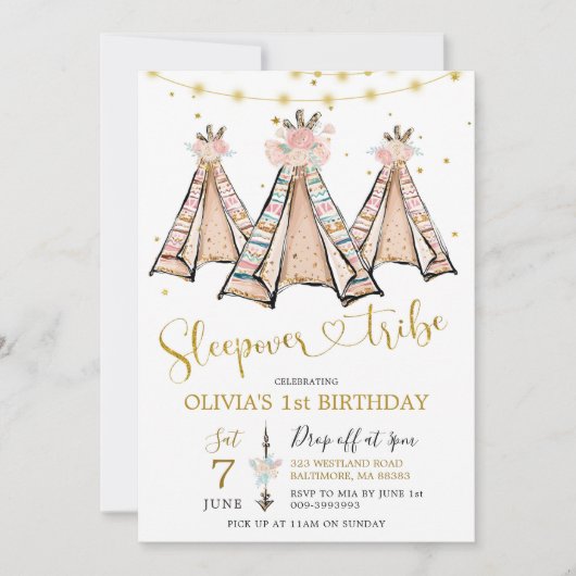 Invitation Teepee Rose Floral Girl Sleepover Party (Devant)