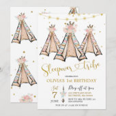Invitation Teepee Rose Floral Girl Sleepover Party (Devant / Derrière)