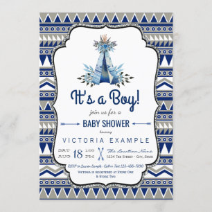 Invitation Teepee Tribal Bleu Gris Garçons Baby Shower Bohème