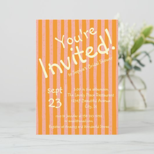 Invitation Teinte Orange Rayée Vous êtes Invités à la Fête de (Debout devant)