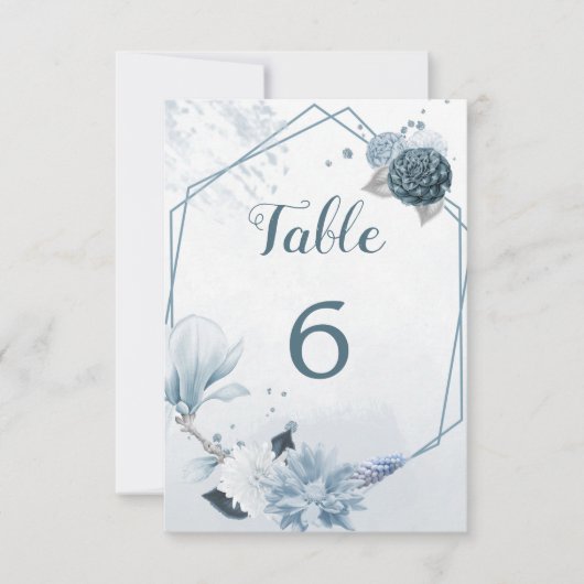 Invitation teintes bleues poussiéreuses fleurs numéro de tabl (Devant)