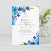 Invitation Teintes de baptême floral bleu (Debout devant)