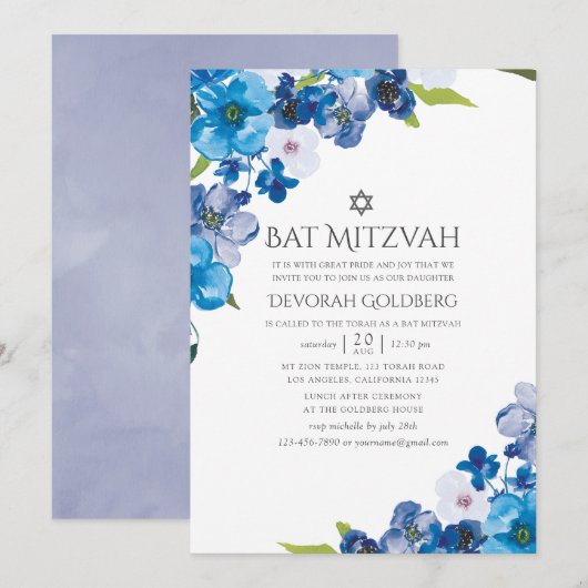 Invitation Teintes de bleu floral Bat Mitzvah (Devant / Derrière)