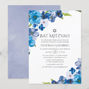 Invitation Teintes de bleu floral Bat Mitzvah