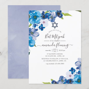 Invitation Teintes de bleu pour la Bat Mitzvah florale