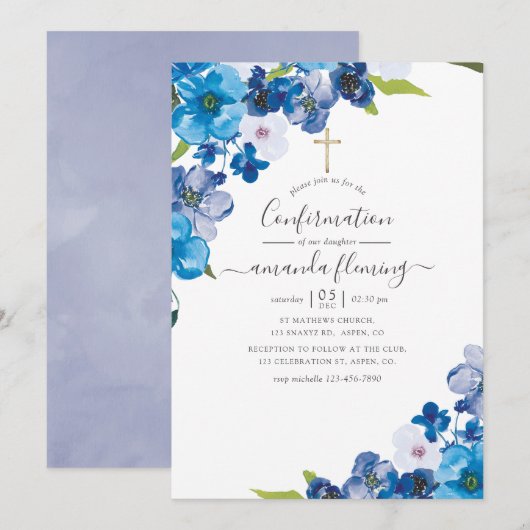 Invitation Teintes de confirmation florale bleue (Devant / Derrière)