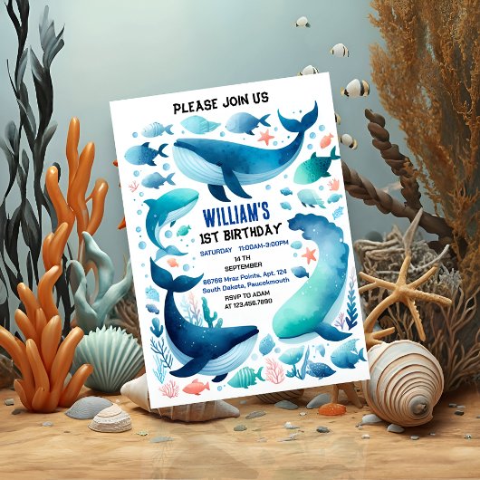 Invitation teintes poisson cool mer bleu baleine requin 1er a