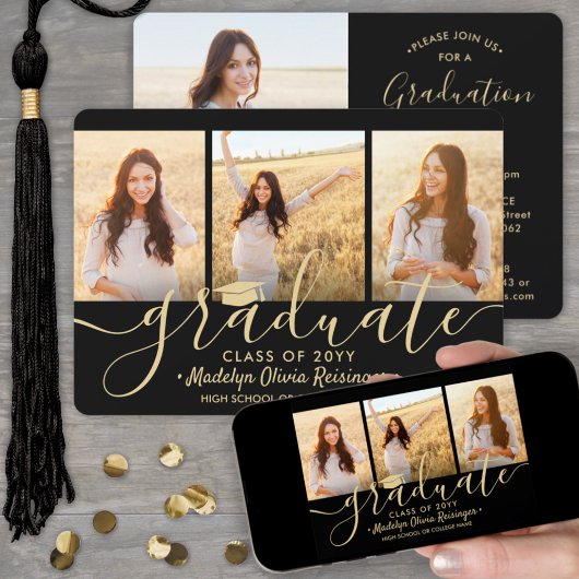 Invitation Téléchargeable 4 Photo Black & Gold Graduation Par