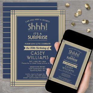 Invitation Téléchargeable Surprise Birthday Navy Blue and Gol