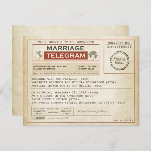 Invitation télégrammes de MARIAGE vintage (Devant / Derrière)