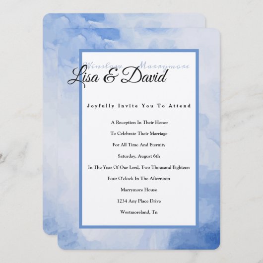 Invitation Temple Mariage Réception Invitation-Bleu Aquarelle (Devant / Derrière)